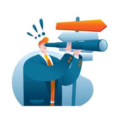 Ceketli bir adam tabelanın yanında duruyor ve ana yönü seçiyor. Vektör izole karakteri.