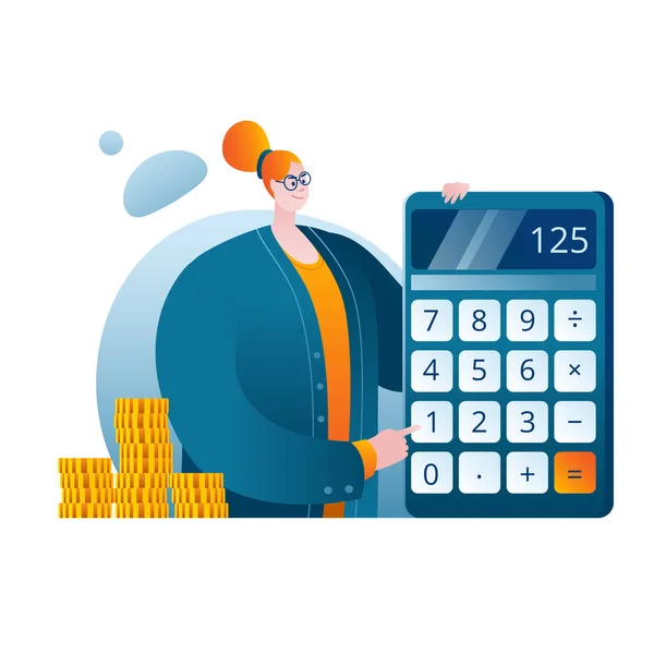 Egy öltönyös nő számolja a hasznot a számológépen.. — Stock Vector