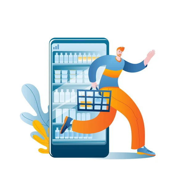 Una persona felice esce con gli acquisti da un supermercato online su uno smartphone. — Vettoriale Stock