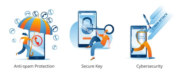 Et sæt vektorillustrationer om emnet beskyttelse af din smartphone mod cyberangreb, hacking og spam-opkald. – Stock-vektor
