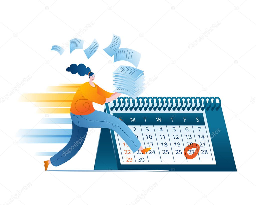 A girl runs with papers in her hands against the background of a calendar.