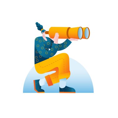 Gündelik giysiler içindeki bir kadın teleskoptan bakar..