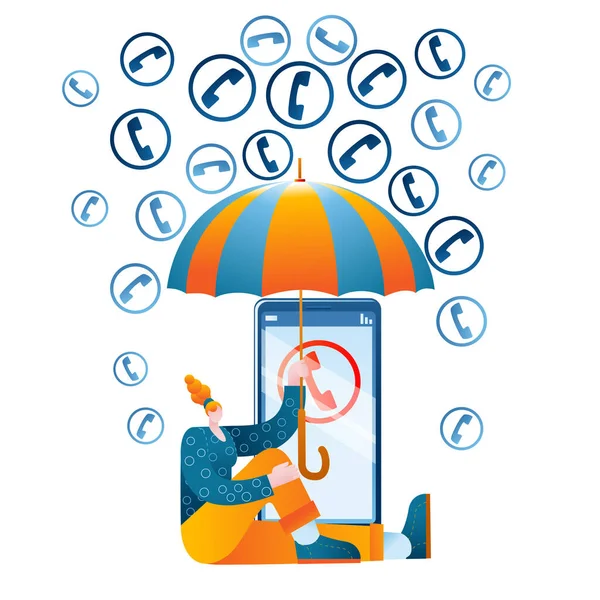 Дівчина з парасолькою захищає свій мобільний телефон від спаму . — стоковий вектор