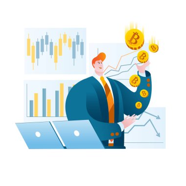 Ticari takım elbiseli bir tüccar, hisse senedi tablolarının arka planında bitcoin çeviriyor..