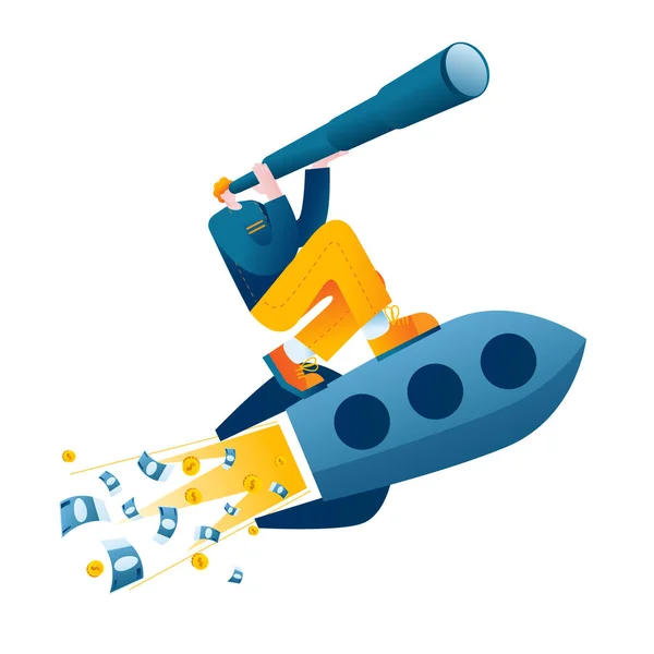 Een jongeman met een telescoop vliegt op een raket.. — Stockvector