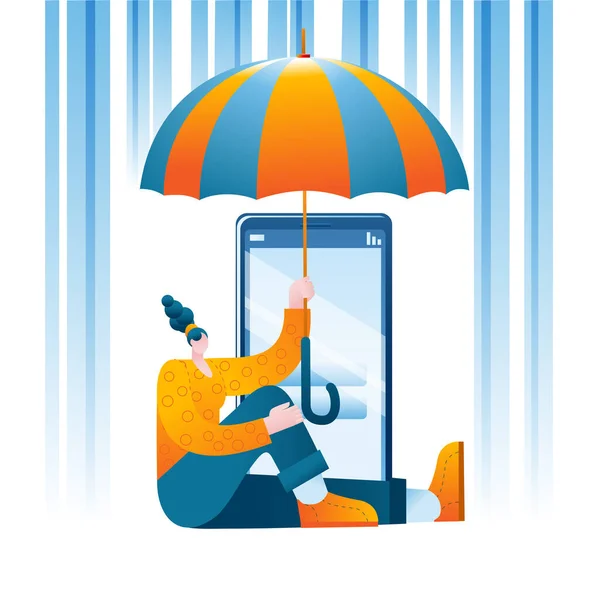 A girl with an umbrella protects her mobile phone from hacker attacks. — Stock Vector