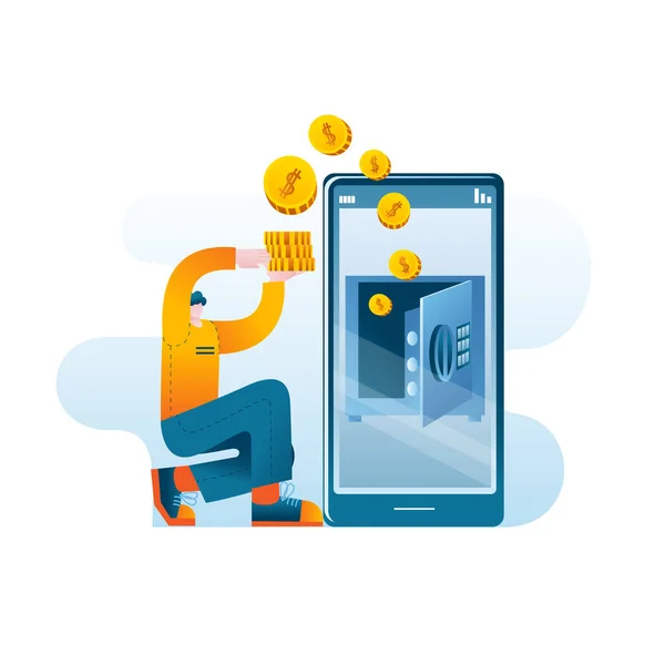 Un homme en tenue décontractée met de l'argent dans un coffre-fort virtuel sur son smartphone. — Image vectorielle
