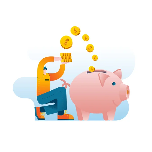 Mann in Freizeitkleidung wirft Geld in Sparschwein. — Stockvektor