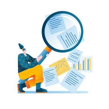 Kız çeşitli belgeleri görmek ve gerekli bilgileri aramak için bir büyüteç kullanıyor..