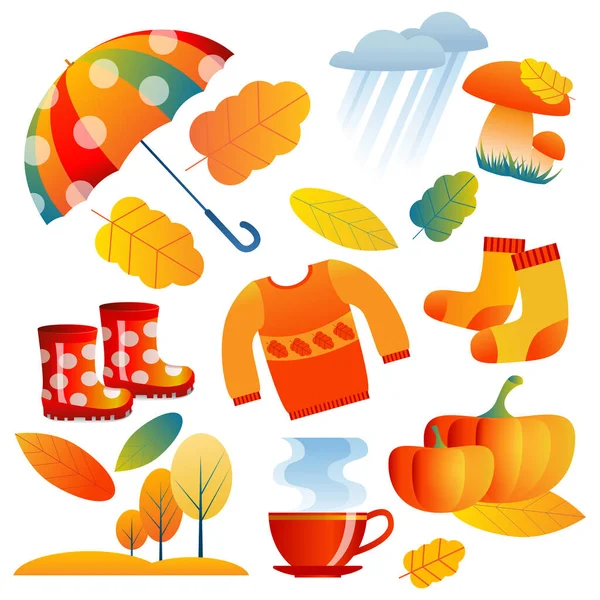 Ropa de otoño y varios artículos temáticos de otoño entre hojas amarillas y rojas. — Archivo Imágenes Vectoriales