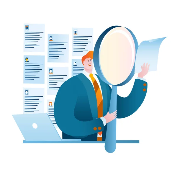HR Manager utilise une loupe pour visualiser divers CV. — Image vectorielle