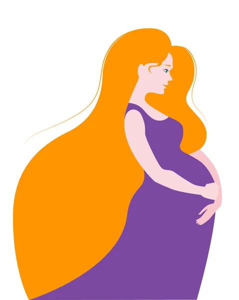 Uma mulher grávida de aparência europeia com cabelos longos no perfil. —  Vetores de Stock