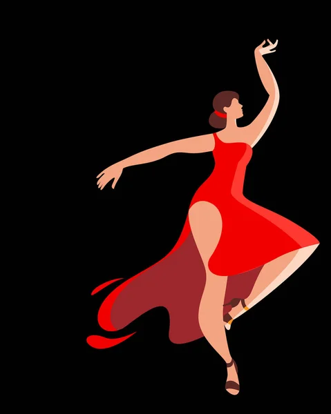 Elegante donna in abito rosso che balla una danza latino-americana su sfondo nero. — Vettoriale Stock