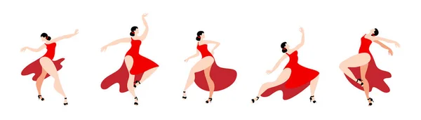 Elegante donna in abito rosso che balla una danza latino-americana. — Vettoriale Stock