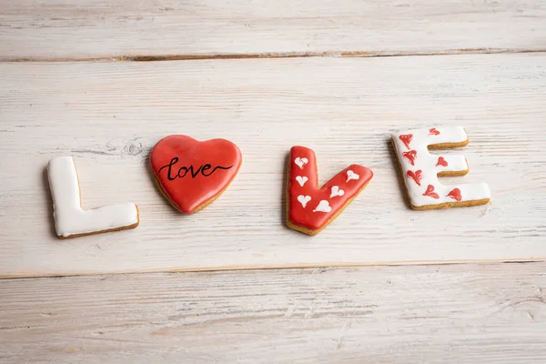 Bolachas Fundo Madeira Pão Gengibre Forma Letras Palavra Amor — Fotografia de Stock