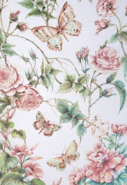 Şablon. Beyaz arka planda el çizimi batik ipek kelebekler ve çiçekler.