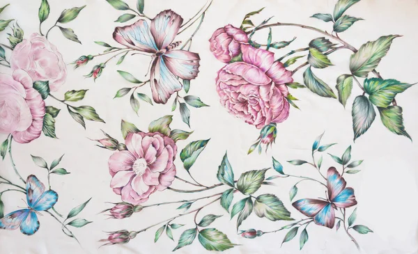 Pola Kupu Kupu Batik Sutra Gambar Tangan Dan Bunga Bunga — Stok Foto