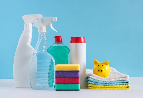 Cleaning products various surfaces in the kitchen, bathroom and other areas. Concept of cleaning services. Copy space