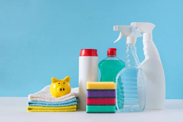 Cleaning products various surfaces in the kitchen, bathroom and other areas. Concept of cleaning services. Copy space. Coronavirus.