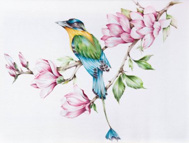 Şablon. El çizimi batik ipek çiçekler ve beyaz bir arka planda kuşla yapraklar..