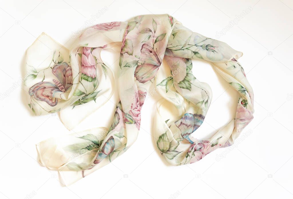 Women's neck scarf handmade on a white background. Handkerchief.