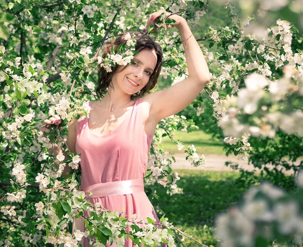 Woman Walks Blooming Garden Portrait Dark Haired Female Apple Tree Royalty Free Stock Photos