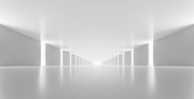 Boşlukları olan uzun beyaz bir tünel. Soyut dikdörtgen koridor. Geleceğe yönelik bir geçmiş. 3d oluşturma.