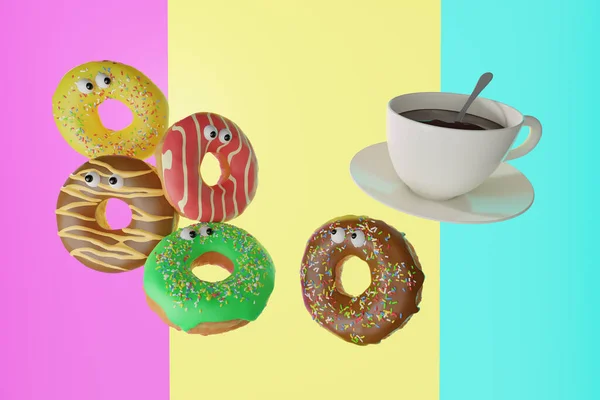 Illustration Flying Sweet Colored Donuts White Cup Coffee Colorful Background — Stock Photo, Image