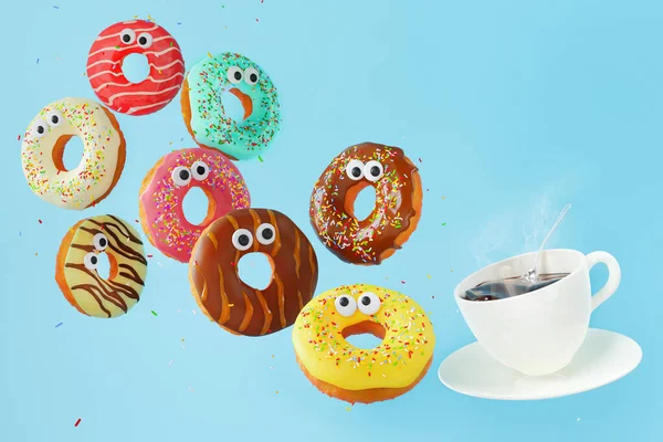 Gözleri olan çörekler. Uçan ve düşen tatlı renkli çörekler ve mavi arka planda beyaz bir fincan kahve. Kahvaltı konsepti.