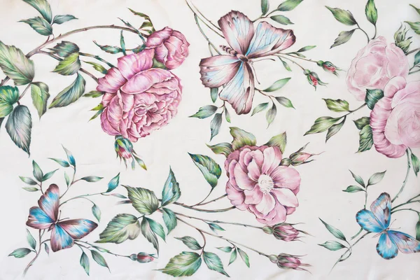 Şablon. Beyaz arka planda el çizimi batik ipek kelebekler ve çiçekler.