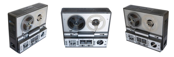 Analog vintage stereo reel tape recorder tape recorder with reels isolated on white background.