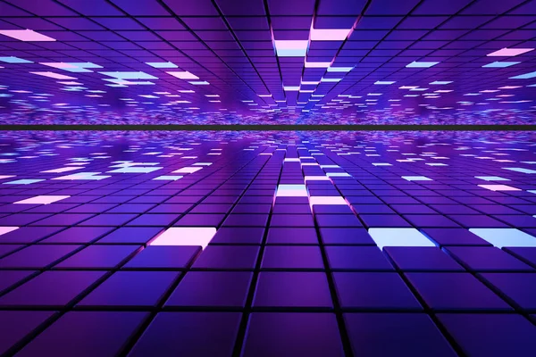 Gelecekteki teknolojiler. Küplerin ve ışık panellerinin muhteşem soyut arkaplanı. 3B illüstrasyon.