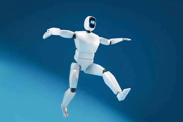 A full-length robot with a monitor on its face makes a jump with arms and legs on a blue background. 3d illustration.