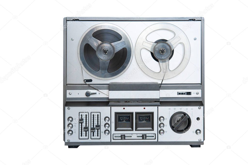 Analog stereo tape deck recorder player with reels isolated on white background.