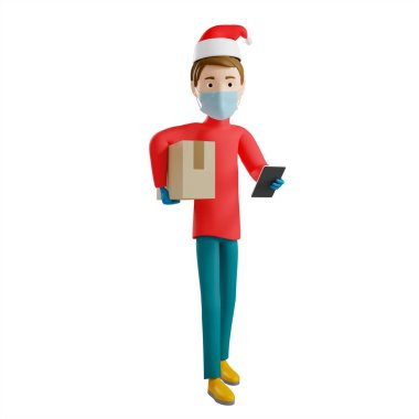 Kırmızı Noel tişörtü ve maskeli bir teslimatçı bir karton kutu ve akıllı telefon tutuyor. O arkadaş canlısı ve gülümsüyor. Lojistik konsept. Çevrimiçi dağıtım hizmeti kavramı. İzole edilmiş. 3d illüstrasyon.