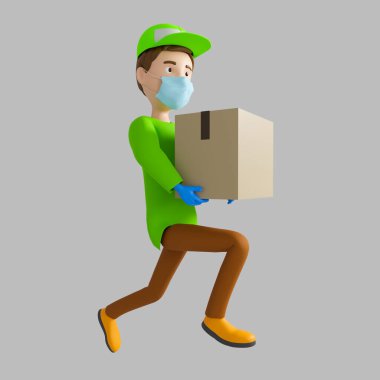 Yeşil tişörtlü ve şapkalı bir teslimatçı gri arka planda bir karton kutu tutuyor. Bir depoda çalışıyor. Kaçıyor. 3d illüstrasyon.