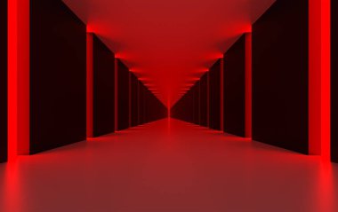 Kırmızı ışıklandırmalı uzun paneller. Umutsuzluk. Soyut geleceksel arkaplan.