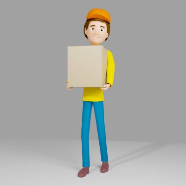 Sarı tişörtlü ve şapkalı teslimatçı gri arka planda karton bir kutu tutuyor. O arkadaş canlısı ve gülümsüyor. 3d illüstrasyon.