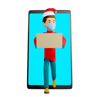 Kırmızı Noel tişörtü ve maskeli bir teslimatçı bir karton kutu ve akıllı telefon tutuyor. O arkadaş canlısı ve gülümsüyor. Lojistik konsept. Çevrimiçi dağıtım hizmeti kavramı. İzole edilmiş. 3d illüstrasyon.