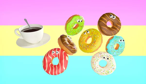 Ilustración Donuts Voladores Color Dulce Una Taza Café Blanco Sobre — Foto de Stock