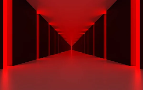 Long corridor of panels with red lighting. Hopelessness. Abstract futuristic background.