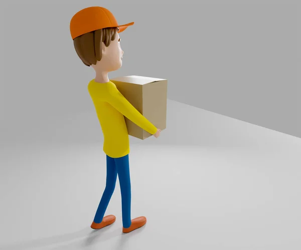 一个穿着黄色T恤和帽子的送货人拿着灰色背景的纸板箱 他很友善 面带微笑 3D说明 — 图库照片