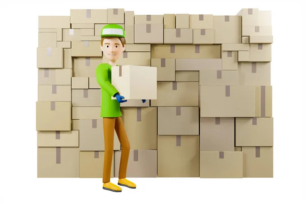 一个穿着绿色T恤和帽子的送货人拿着一个白色背景的纸板箱 他在仓库工作 他很友善 面带微笑 3D说明 — 图库照片