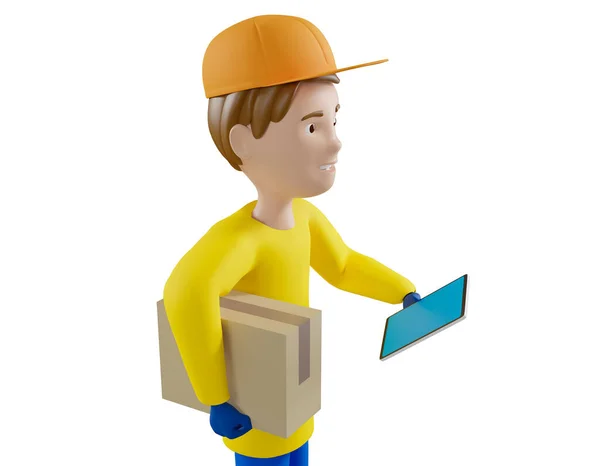 Delivery Man Yellow Shirt Cap Holds Cardboard Box Smartphone Friendly — Stock Photo, Image