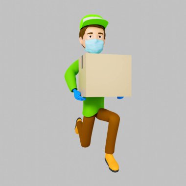 Yeşil tişörtlü ve şapkalı bir teslimatçı gri arka planda bir karton kutu tutuyor. Bir depoda çalışıyor. Kaçıyor. 3d illüstrasyon.