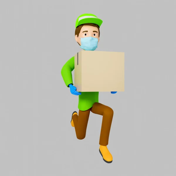 Delivery Man Face Mask Green Shirt Cap Holds Cardboard Box — Stock Photo, Image