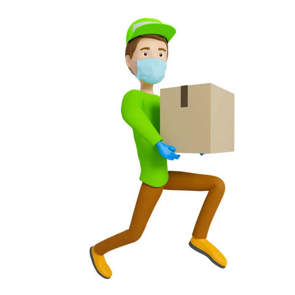 Delivery Man Green Shirt Cap Holds Cardboard Box White Background — Stock Photo, Image