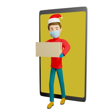 Kırmızı Noel tişörtü ve maskeli bir kuryenin elinde bir karton kutu ve akıllı telefon var. O arkadaş canlısı ve gülümsüyor. Lojistik konsept. Çevrimiçi dağıtım hizmeti kavramı. İzole edilmiş. 3d illüstrasyon.