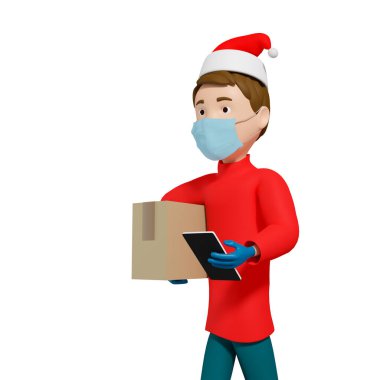 Kırmızı Noel tişörtü ve maskeli bir kuryenin elinde bir karton kutu ve akıllı telefon var. O arkadaş canlısı ve gülümsüyor. Lojistik konsept. Çevrimiçi dağıtım hizmeti kavramı. İzole edilmiş. 3d illüstrasyon.