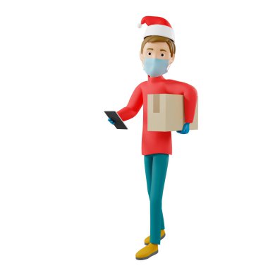 Kırmızı Noel tişörtü ve maskeli bir kuryenin elinde bir karton kutu ve akıllı telefon var. O arkadaş canlısı ve gülümsüyor. Lojistik konsept. Çevrimiçi dağıtım hizmeti kavramı. İzole edilmiş. 3d illüstrasyon.